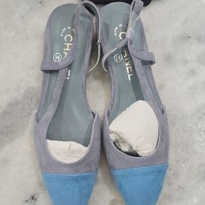 "CHANEL-like" Women's Suede Gray and Blue Slingback Flats - Size 39 / US 8